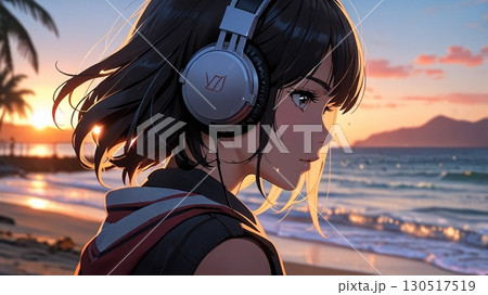 ビーチで音楽を聴く美女のイラスト 130517519