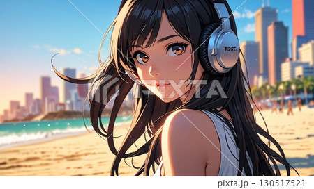 ビーチで音楽を聴く美女のイラスト 130517521