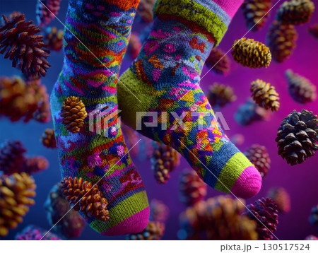 Pair of colorful wool knitted socks in vibrant neon hue 130517524