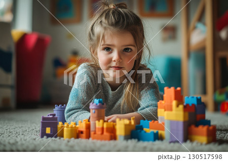 Cute young child girl lies on a soft grey carpet, looking forward. She is playing with many colorful building blocks at home indoors. 130517598