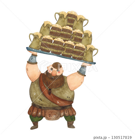 A Viking with a huge tray filled with a pyramid of beer mugs. Watercolor illustration hand drawn, cartoon. Drawing for the background of a postcard, invitation, website 130517819