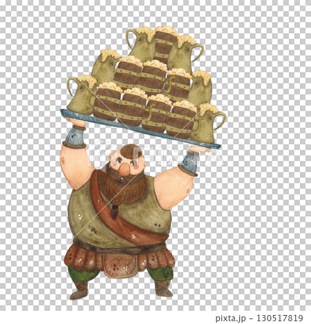 A Viking with a huge tray filled with a pyramid of beer mugs. Watercolor illustration hand drawn, cartoon. Drawing for the background of a postcard, invitation, website 130517819