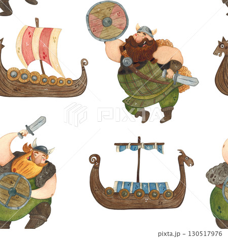 Seamless pattern with cheerful vikings with shields and swords among ships. Watercolor illustration, hand drawn, cartoon. Drawing for postcard, invitation, medieval, scandinavian, birthday Seamless pattern with cheerful vikings with shields and swords among ships. Watercolor illustration, hand drawn, cartoon. Drawing for postcard, invitation, medieval, scandinavian, birthday 130517976