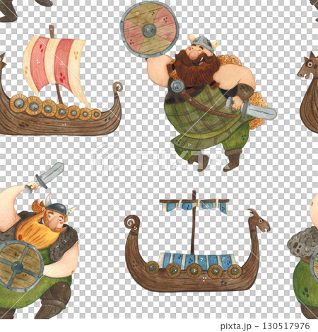 Seamless pattern with cheerful vikings with shields and swords among ships. Watercolor illustration, hand drawn, cartoon. Drawing for postcard, invitation, medieval, scandinavian, birthday Seamless pattern with cheerful vikings with shields and swords among ships. Watercolor illustration, hand drawn, cartoon. Drawing for postcard, invitation, medieval, scandinavian, birthday 130517976