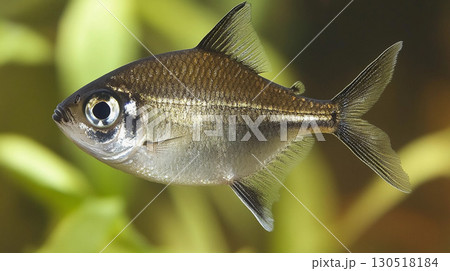Close up of golden tetra fish swimming in a clear aquarium colorful and vibrant underwater scene 130518184