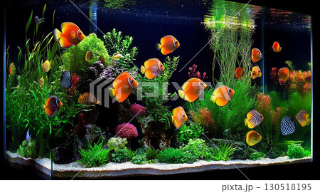 Close up of colorful tropical fish swimming among corals in a clear aquarium vibrant underwater environment 130518195