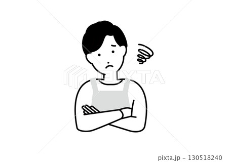 悩んでいる料理をするエプロンを着た男性主夫の人物イラスト モノクロ 1色 130518240
