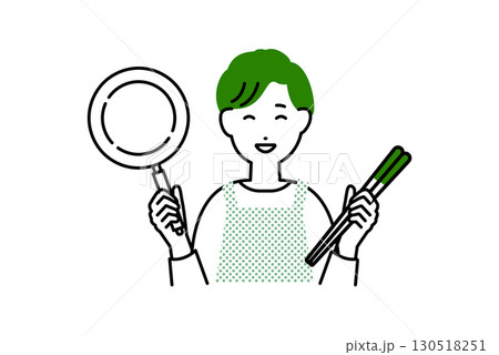 フライパンと箸を持った料理をするエプロンを着た男性主夫の人物イラスト 130518251