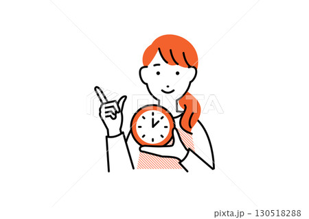 時計を持った料理をするエプロンを着た女性の人物イラスト 130518288