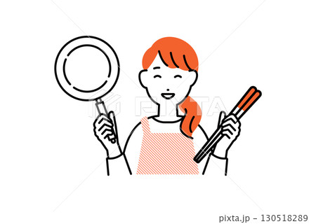 フライパンと箸を持った料理をするエプロンを着た女性の人物イラスト 130518289