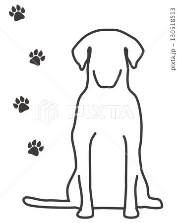 お座りをする犬の線画と足跡のイラスト 130518513
