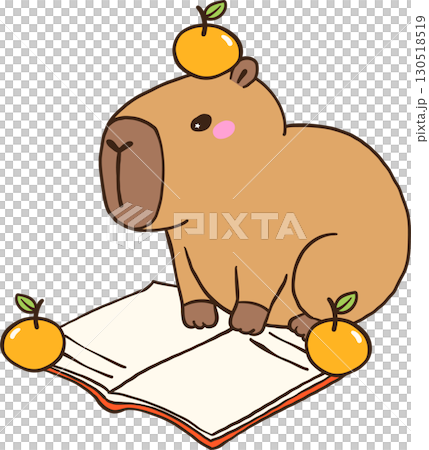 Cute Capybara Reading Book with oranges, Animal Bookish Cartoon Hand Drawn 130518519