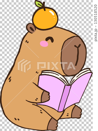Cute Capybara Reading Book with Orange on Head, Happy Animal Bookish Cartoon Hand Drawn 130518520