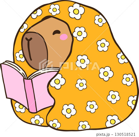 Cute Capybara Reading Book under Floral blanket, Animal Bookish Cartoon Hand Drawn 130518521