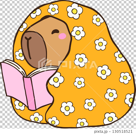 Cute Capybara Reading Book under Floral blanket, Animal Bookish Cartoon Hand Drawn 130518521