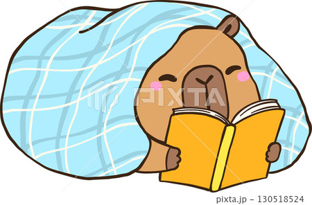 Happy Capybara Reading Book under blanket, Animal Bookish Cartoon Hand Drawn 130518524