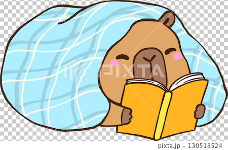 Happy Capybara Reading Book under blanket, Animal Bookish Cartoon Hand Drawn 130518524
