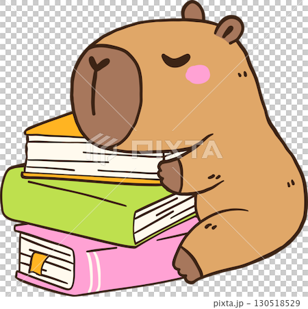 Bookish Capybara Sleeping on Books, Animal Reading Cartoon Hand Drawn Bookish Capybara Sleeping on Books, Animal Reading Cartoon Hand Drawn 130518529