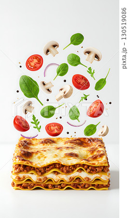 Layered pasta with melted cheese and browned top, garnished with floating mushrooms, tomatoes, spinach leaves, onion slices, and small sprigs of herbs create a dynamic visual effect 130519086