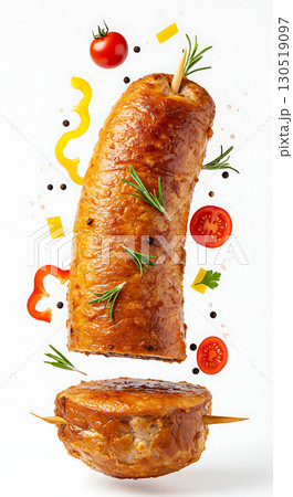 Golden brown roasted meat kebab on skewers with rosemary, surrounded by cherry tomatoes, bell pepper slices, herbs, and spices, creating a vibrant floating composition 130519097