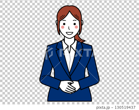 ネイビースーツ。正面を向き、両手を前で重ねて話す女性。その2 ネイビースーツ。正面を向き、両手を前で重ねて話す女性。その2 130519437