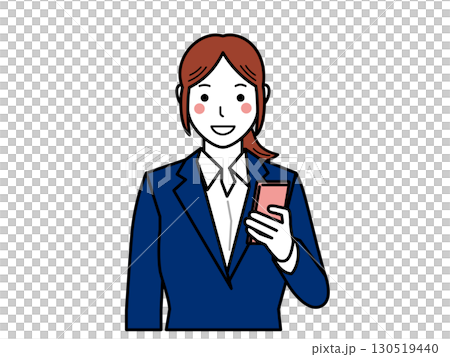 ネイビースーツ。スマホを持って話す女性。その2 130519440