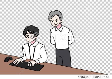 パソコンを操作する若者と見守る先輩 130519638
