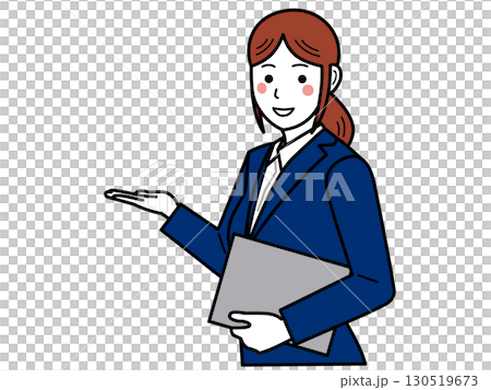 ネイビースーツ。ファイルを持ち、こちらと指し示す女性。その2 130519673