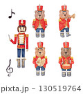 Set with nutcracker conductor and bears musicians in red uniforms playing trumpet, drum and cymbals, with music notes. Watercolor illustration holiday. Suitable for books, posters, festive decor. 130519764