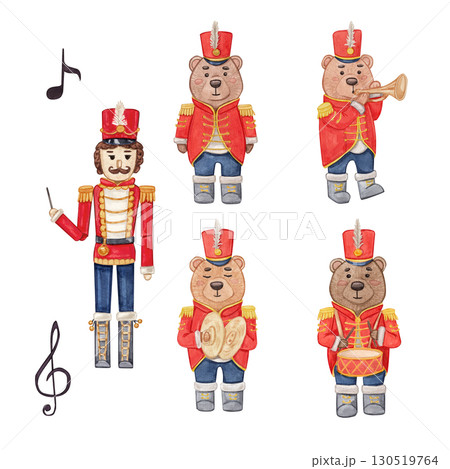 Set with nutcracker conductor and bears musicians in red uniforms playing trumpet, drum and cymbals, with music notes. Watercolor illustration holiday. Suitable for books, posters, festive decor. 130519764