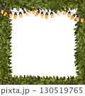 Square frame made of green fir branches with orange Christmas lights on top. Watercolor illustration botany. Suitable for children books, postcards, poster, invitations, festive decor, holiday design. 130519765