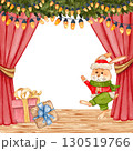 Christmas scene with red curtains, green garland and lights, rabbit in Santa hat and scarf, and gift boxes. Watercolor illustration holiday. Suitable for postcards, poster, invitation, festive design. 130519766