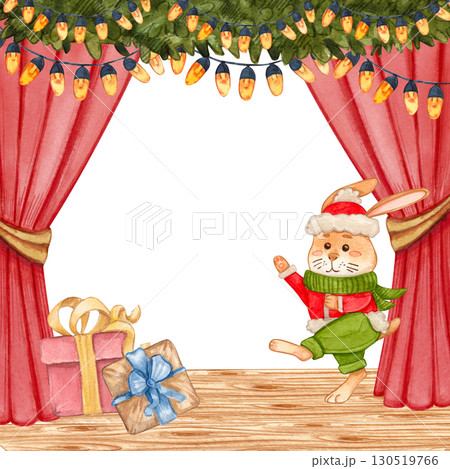 Christmas scene with red curtains, green garland and lights, rabbit in Santa hat and scarf, and gift boxes. Watercolor illustration holiday. Suitable for postcards, poster, invitation, festive design. 130519766