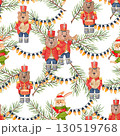 Seamless pattern with bears musicians in red uniforms, rabbit in scarf, fir branches and Christmas lights. Watercolor illustration holiday. Suitable for textiles, wrapping, posters and festive decor. 130519768
