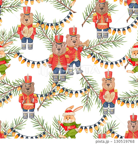 Seamless pattern with bears musicians in red uniforms, rabbit in scarf, fir branches and Christmas lights. Watercolor illustration holiday. Suitable for textiles, wrapping, posters and festive decor. 130519768