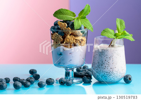 Blueberry dessert with rye flakes and smoothie with chia seeds. Blueberry dessert with rye flakes and smoothie with chia seeds. 130519783