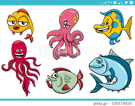 funny cartoon sea life or marine animal characters set funny cartoon sea life or marine animal characters set 130519920