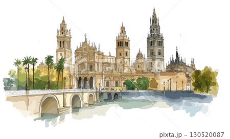 Seville Cathedral and La Giralda. Seville Cathedral and La Giralda watercolor vector illustration Seville Cathedral and La Giralda. Seville Cathedral and La Giralda watercolor vector illustration 130520087