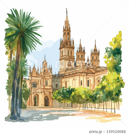 Seville Cathedral and La Giralda. Seville Cathedral and La Giralda watercolor vector illustration 130520088