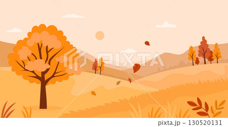 Autumn landscape with trees and falling leaves poster. Golden Seasonal Park Nature. Minimal fall horizontal background banner. Vector illustration. Not AI Autumn landscape with trees and falling leaves poster. Golden Seasonal Park Nature. Minimal fall horizontal background banner. Vector illustration. Not AI 130520131