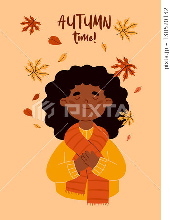 Cute Autumn Ethnic Woman with falling maple leaves. Black Female Fall Portrait. Vector illustration. Seasonal Postcard Autumn Time. Not AI Cute Autumn Ethnic Woman with falling maple leaves. Black Female Fall Portrait. Vector illustration. Seasonal Postcard Autumn Time. Not AI 130520132