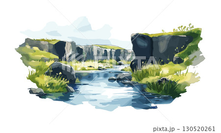 Thingvellir National Park. Thingvellir National Park watercolor vector illustration 130520261