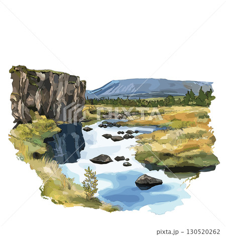 Thingvellir National Park. Thingvellir National Park watercolor vector illustration 130520262