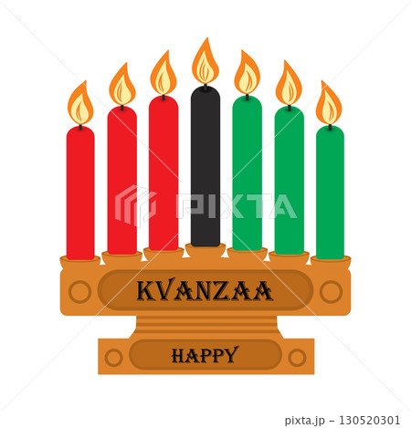 Happy Kwanzaa lettering on wooden Kinara with Seven Candles Candles Kwanzaa Greetings design element 130520301
