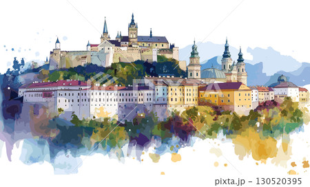 Hohensalzburg Fortress. Hohensalzburg Fortress watercolor vector illustration Hohensalzburg Fortress. Hohensalzburg Fortress watercolor vector illustration 130520395
