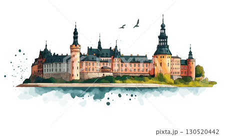 Kronborg Castle. Kronborg Castle watercolor vector illustration 130520442