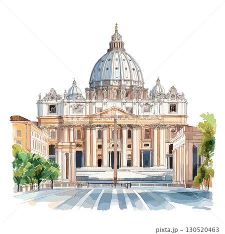 Vatican City and St Peters Basilica. Vatican City and St Peters Basilica watercolor vector illustration 130520463