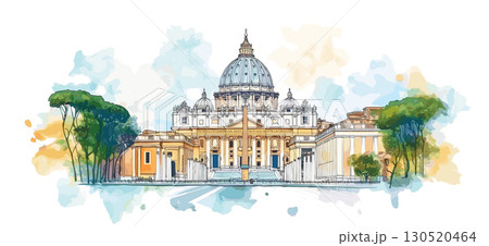 Vatican City and St Peters Basilica. Vatican City and St Peters Basilica watercolor vector illustration 130520464