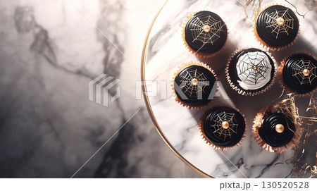 ハロウィンの黒いカップケーキと蜘蛛の巣のアイシング 130520528