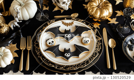 黒とゴールドのハロウィンテーブルコーディネート 130520529